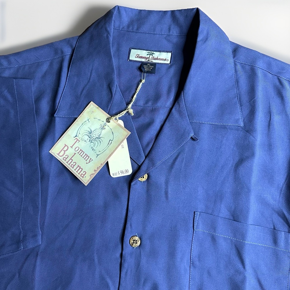 NEW Vintage 90s Tommy Bahama Camp Shirt Men XL Indigo Blue 100% Silk Loop Collar